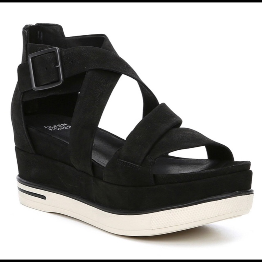 Eileen Fisher Boost Leather Platform Sandals Black